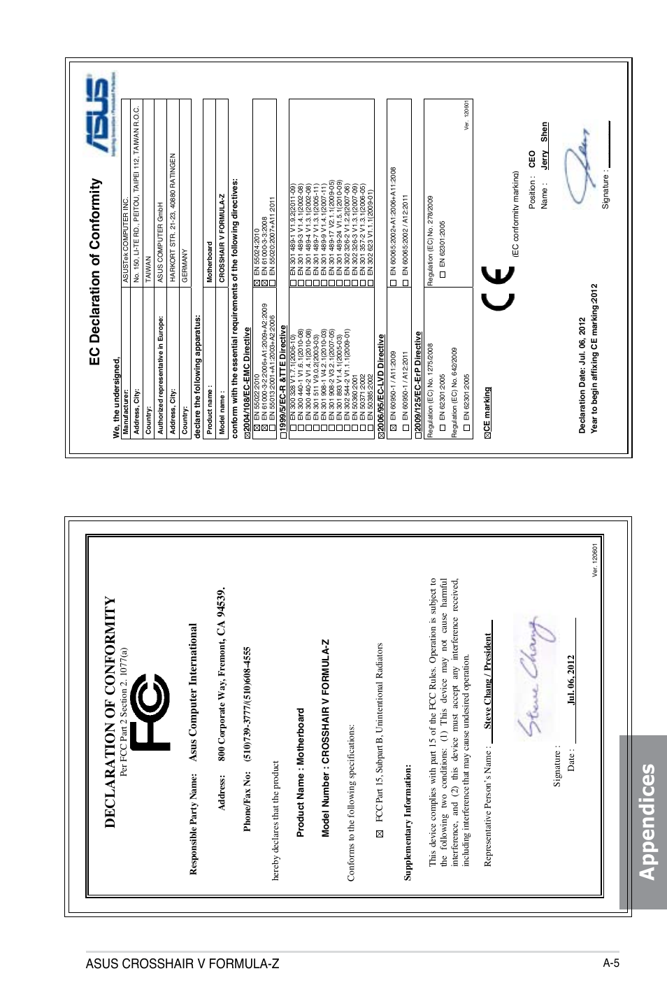 Appendices, Declaration of conformity, Asus crosshair v formula-z | Ec declaration of conformity, As us c om pu te r i nt er na tio na l | Asus Crosshair V Formula-Z User Manual | Page 189 / 190