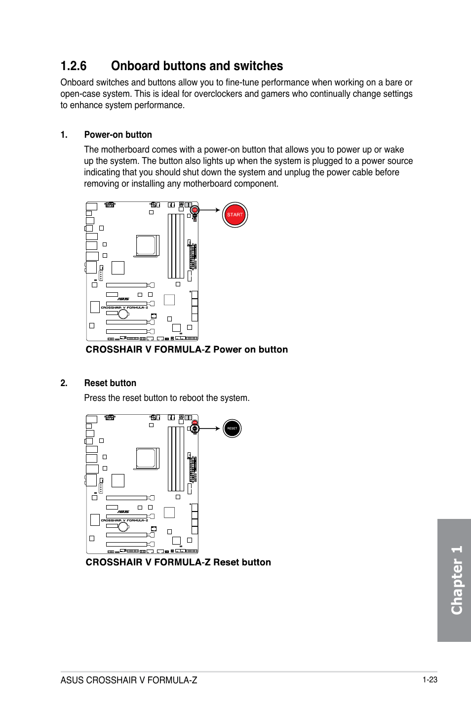 6 onboard buttons and switches, Onboard buttons and switches -23, Chapter 1 | Asus Crosshair V Formula-Z User Manual | Page 39 / 190