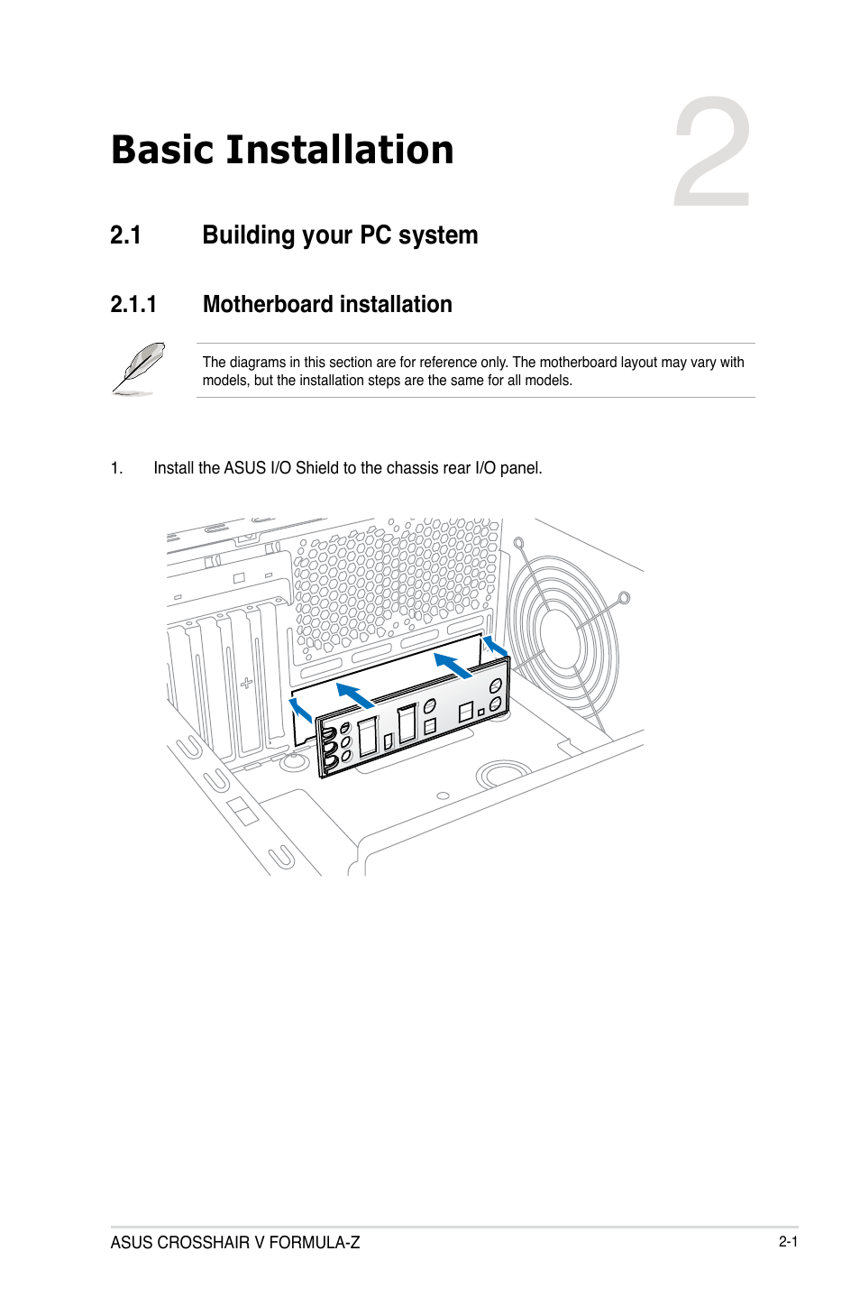 Chapter 2: basic installation, 1 building your pc system, 1 motherboard installation | Chapter 2, Basic installation, Building your pc system -1 2.1.1, Motherboard installation -1 | Asus Crosshair V Formula-Z User Manual | Page 63 / 190