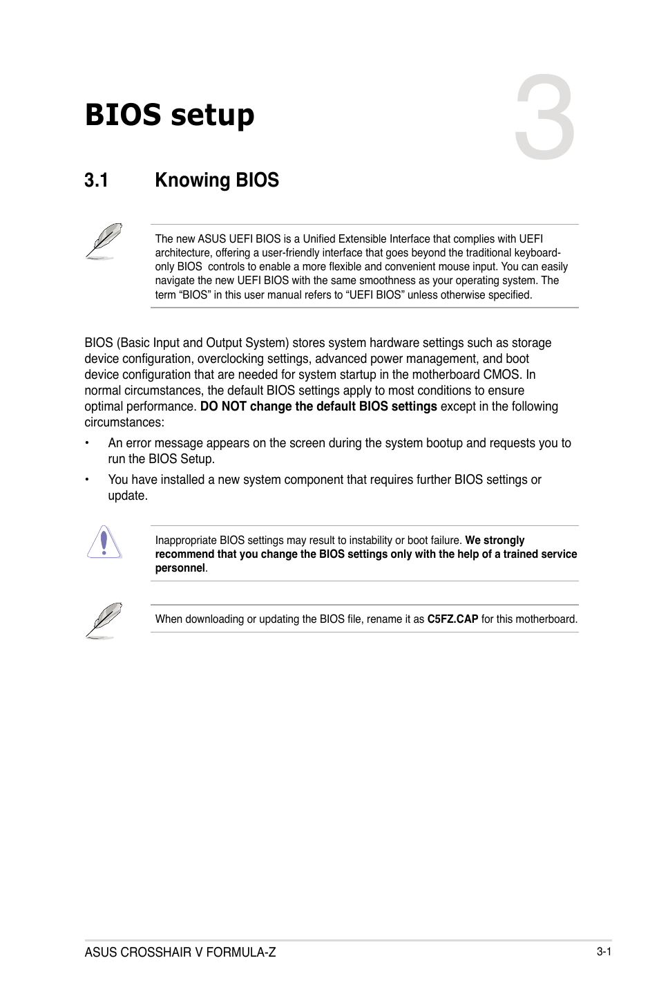 Chapter 3: bios setup, 1 knowing bios, Chapter 3 | Bios setup, Knowing bios -1 | Asus Crosshair V Formula-Z User Manual | Page 81 / 190