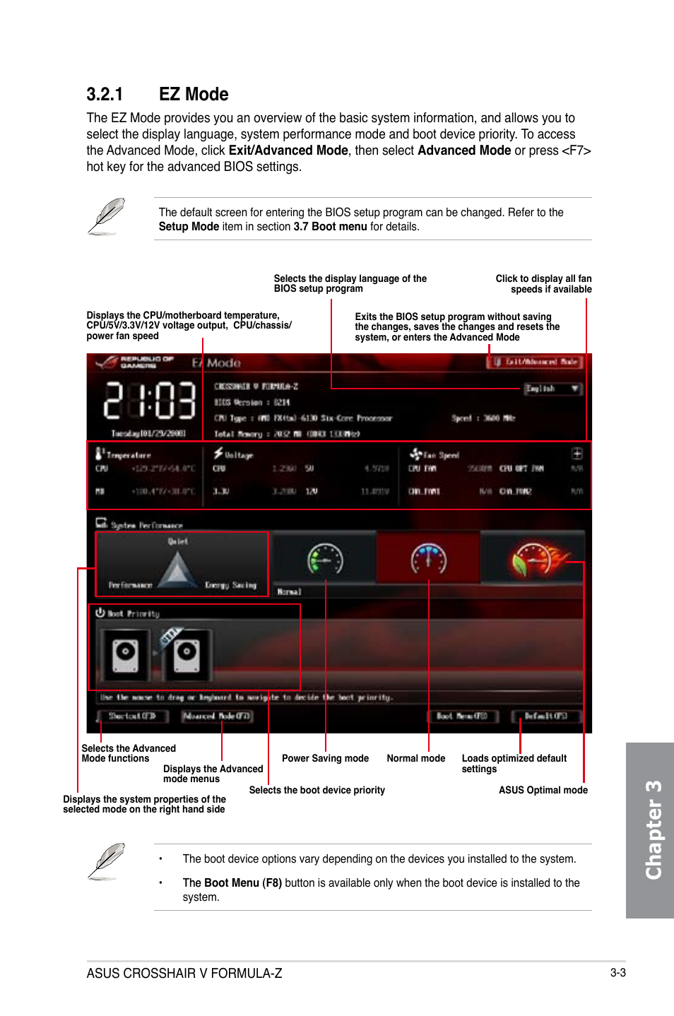 1 ez mode, Ez mode -3, Chapter 3 | Asus Crosshair V Formula-Z User Manual | Page 83 / 190