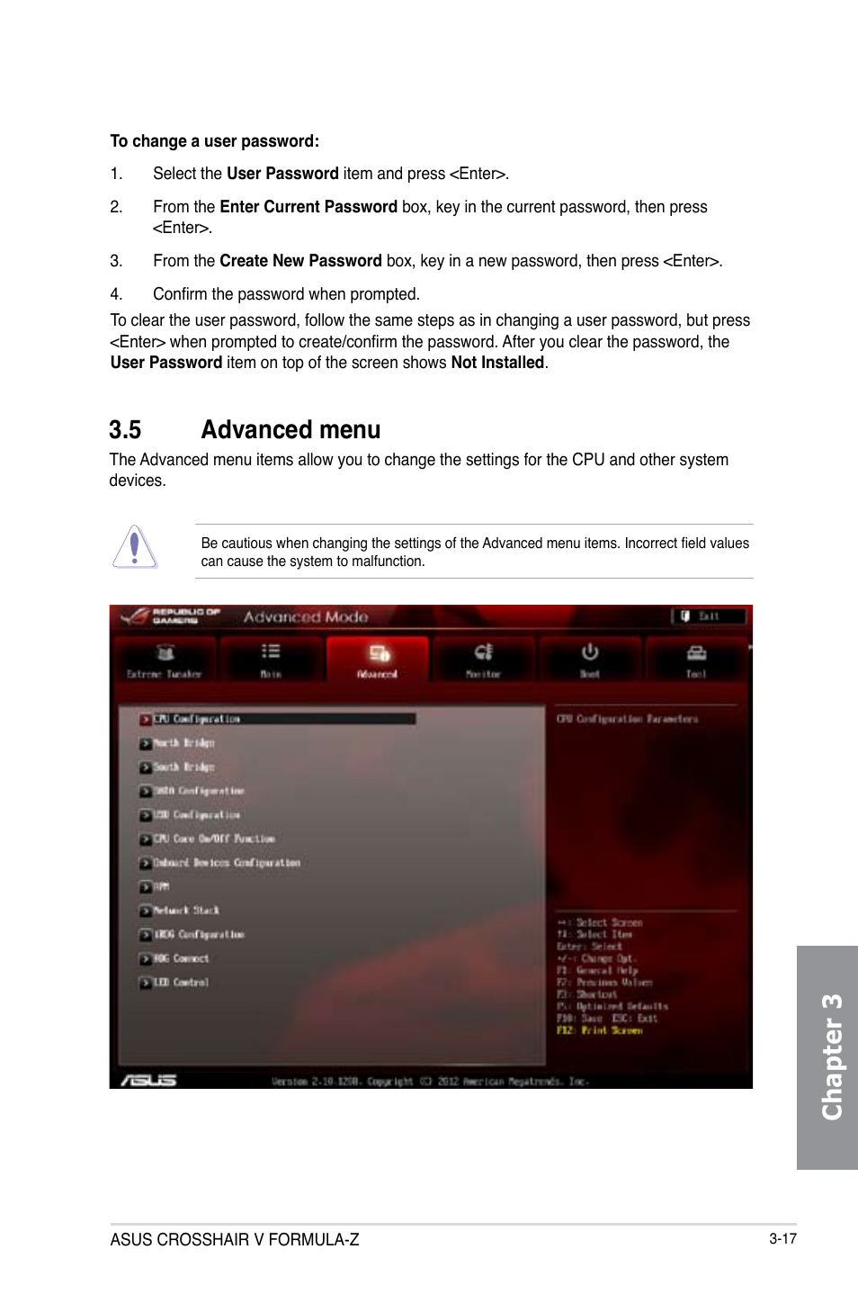 5 advanced menu, Advanced menu -17, Chapter 3 | Asus Crosshair V Formula-Z User Manual | Page 97 / 190