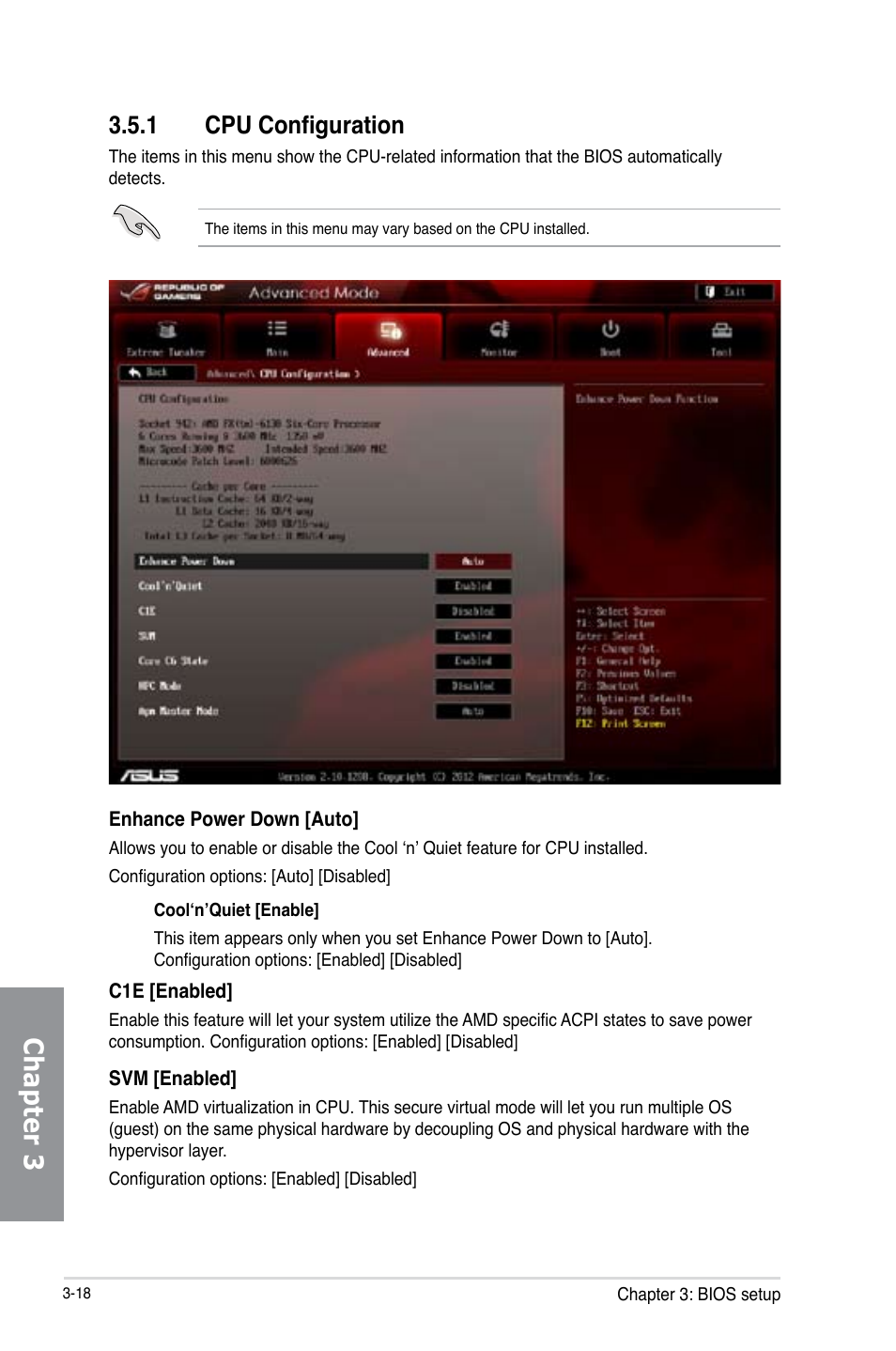 1 cpu configuration, Cpu configuration -18, Chapter 3 | Asus Crosshair V Formula-Z User Manual | Page 98 / 190