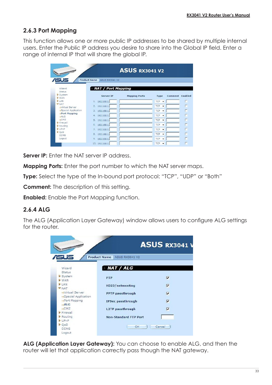 3 port mapping, 4 alg, 3 port mapping 2.6.4 alg | Asus RX3041 V2 User Manual | Page 35 / 46