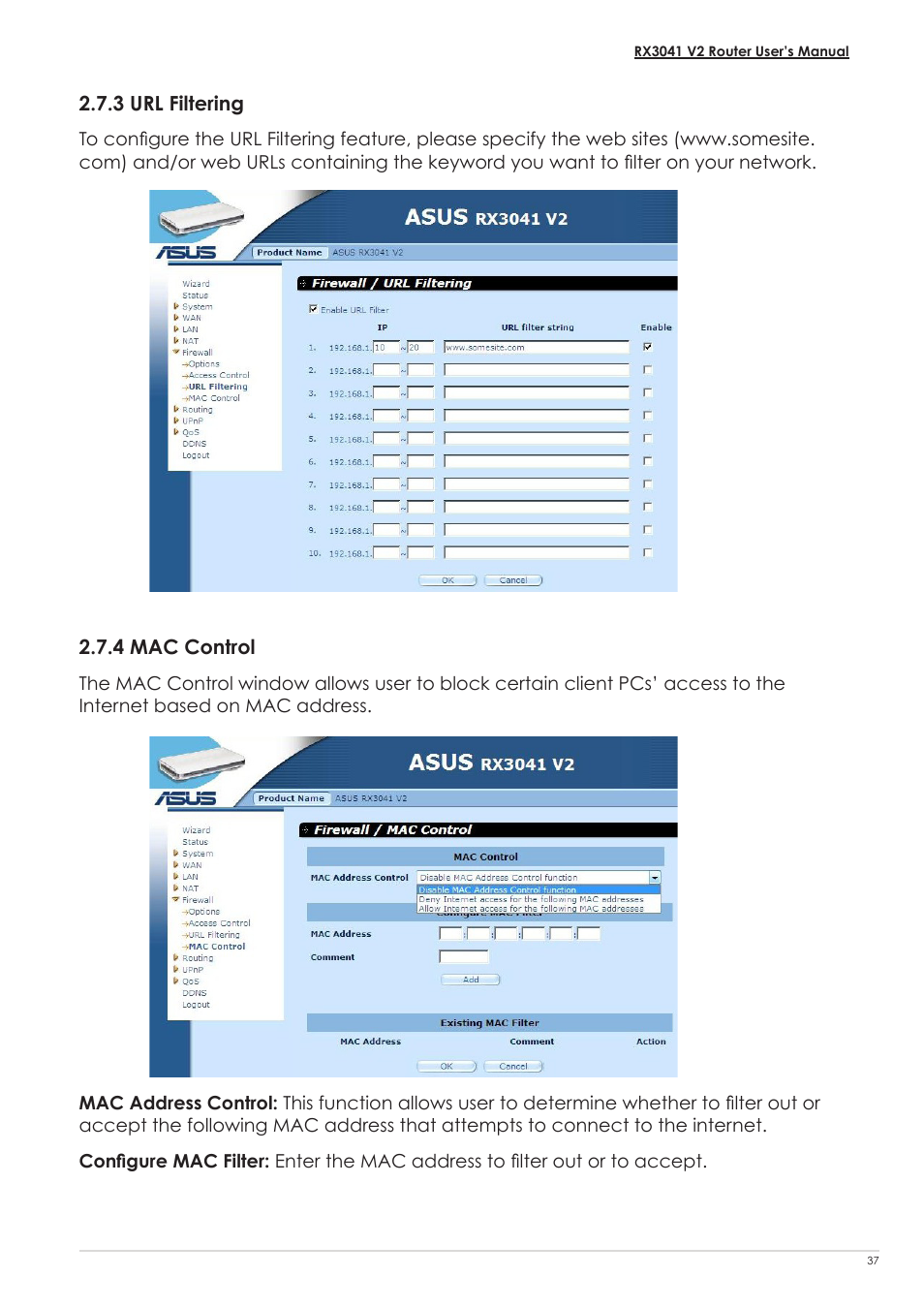 3 url filtering, 4 mac control, 3 url filtering 2.7.4 mac control | Asus RX3041 V2 User Manual | Page 39 / 46