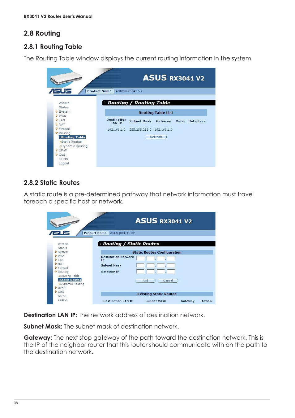 8 routing, 1 routing table, 2 static routes | 1 routing table 2.8.2 static routes | Asus RX3041 V2 User Manual | Page 40 / 46