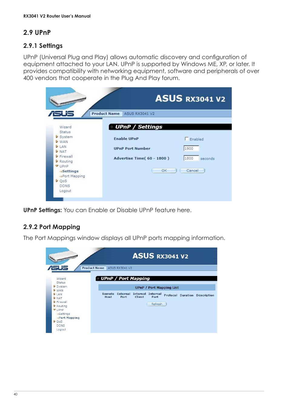 9 upnp, 1 settings, 2 port mapping | 1 settings 2.9.2 port mapping | Asus RX3041 V2 User Manual | Page 42 / 46