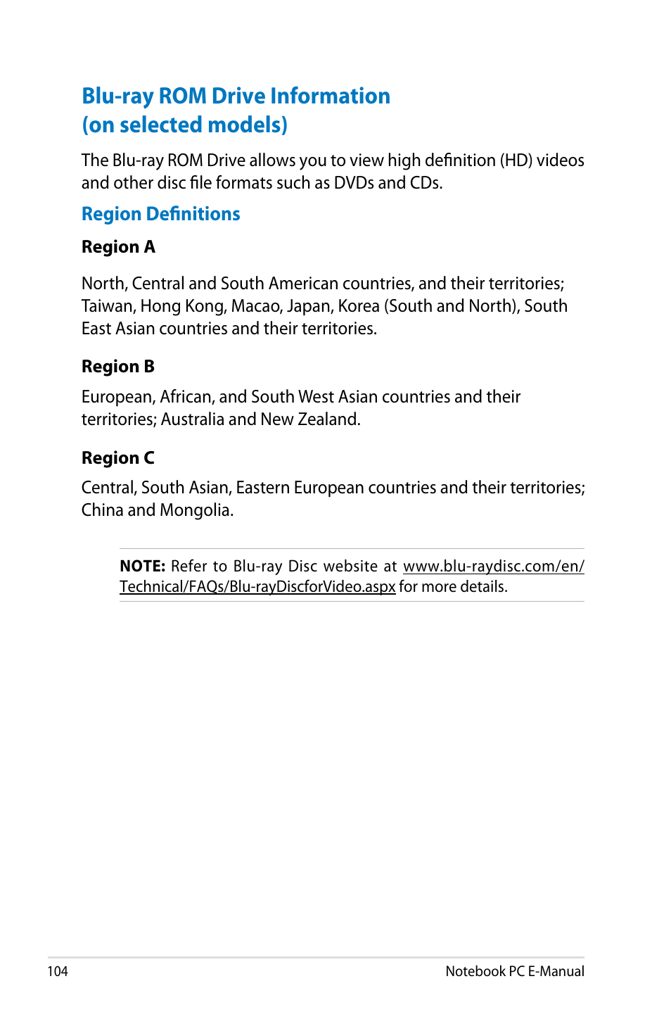 Blu-ray rom drive information (on selected models) | Asus G750JX User Manual | Page 104 / 122