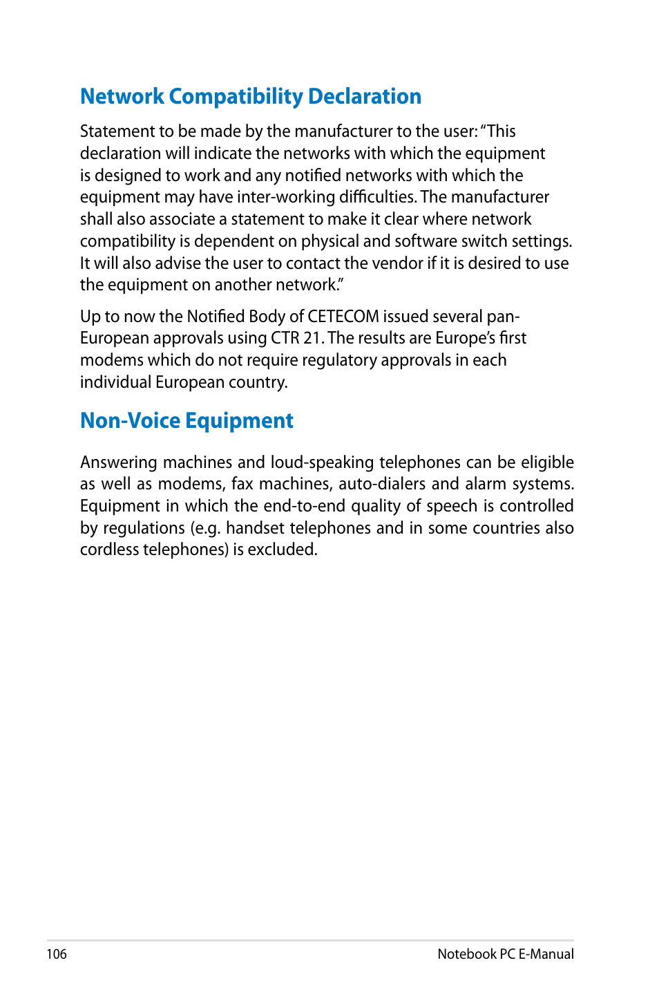 Network compatibility declaration, Non-voice equipment | Asus G750JX User Manual | Page 106 / 122