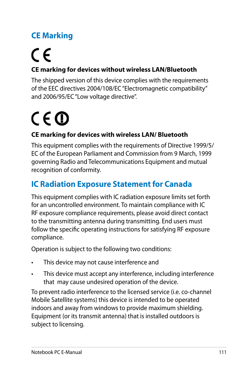 Ce marking, Ic radiation exposure statement for canada | Asus G750JX User Manual | Page 111 / 122