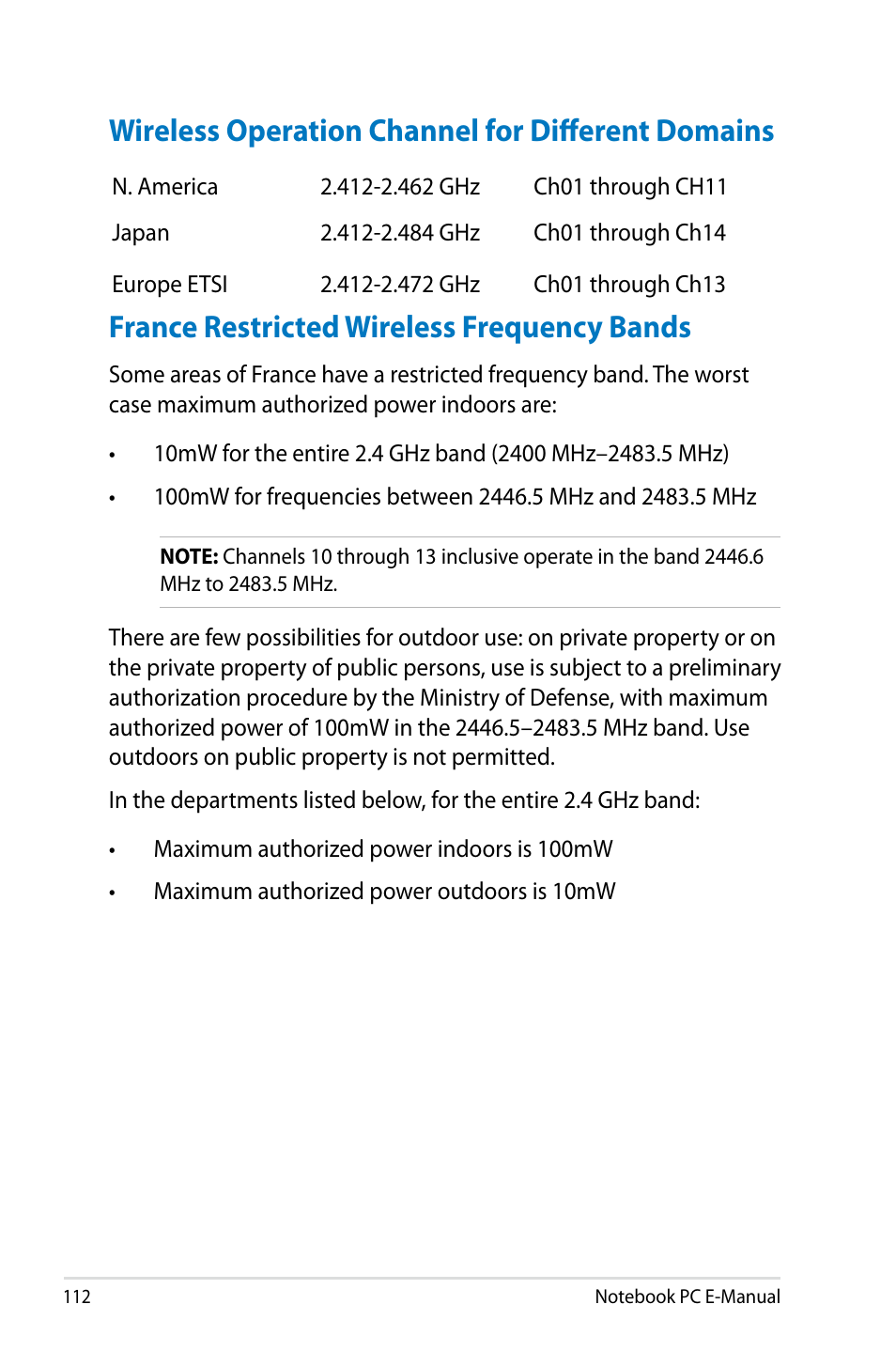 Wireless operation channel for different domains, France restricted wireless frequency bands | Asus G750JX User Manual | Page 112 / 122