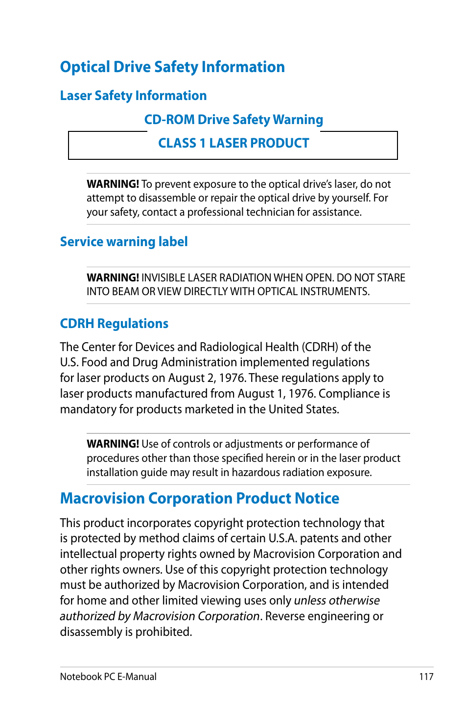 Optical drive safety information, Macrovision corporation product notice | Asus G750JX User Manual | Page 117 / 122