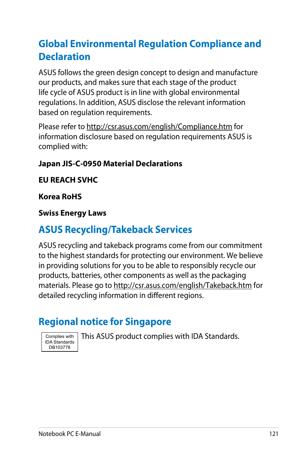 Asus recycling/takeback services, Regional notice for singapore | Asus G750JX User Manual | Page 121 / 122