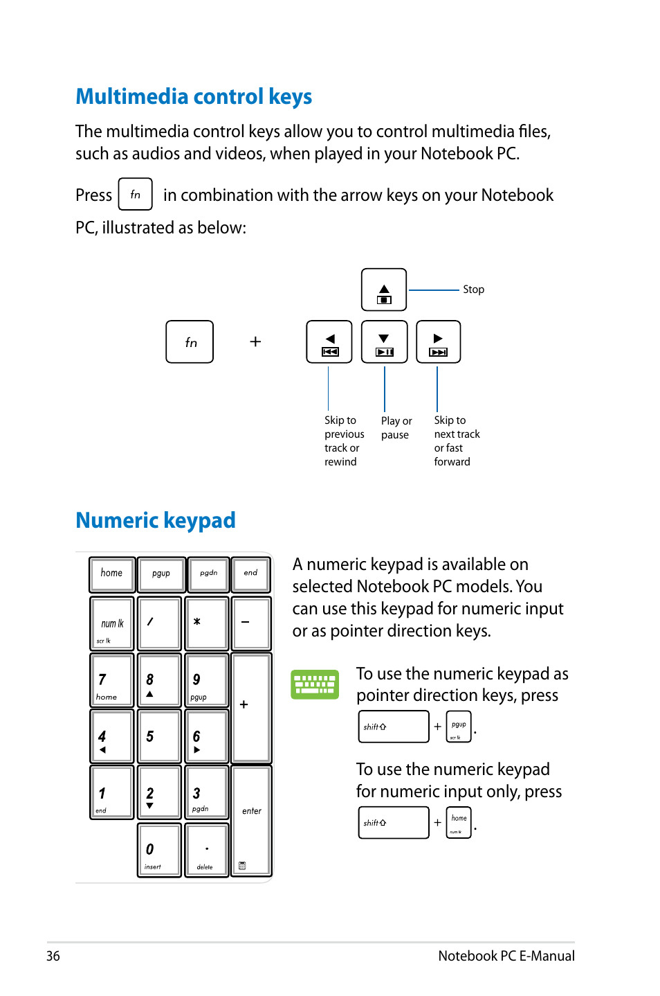 Multimedia control keys, Numeric keypad, Multimedia control keys numeric keypad | Asus G750JX User Manual | Page 36 / 122