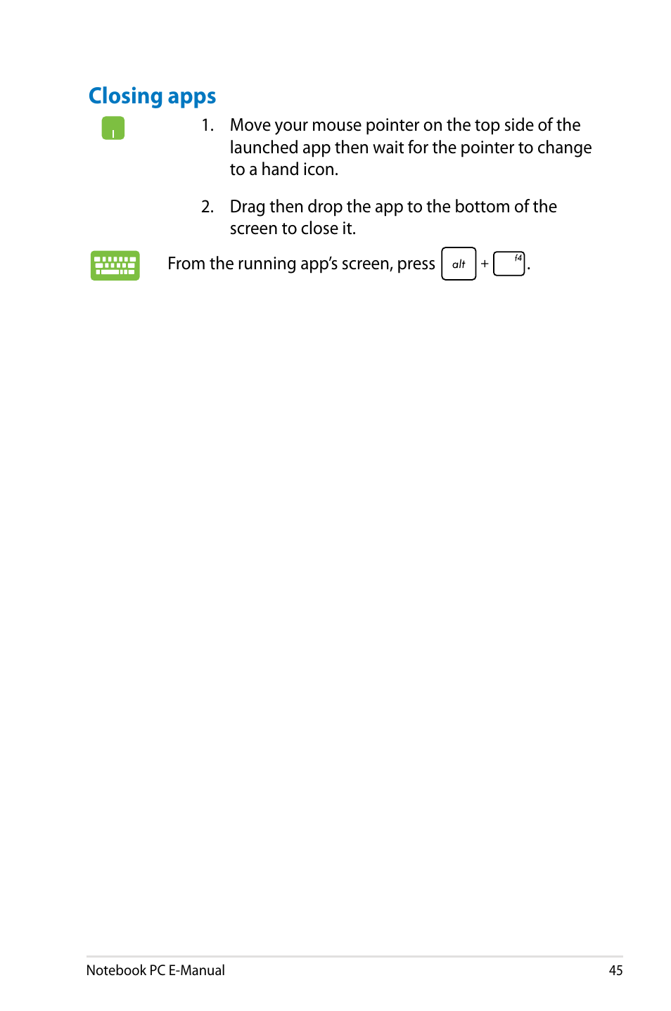 Closing apps | Asus G750JX User Manual | Page 45 / 122