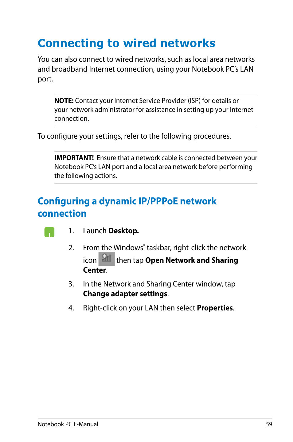 Connecting to wired networks, Configuring a dynamic ip/pppoe network connection | Asus G750JX User Manual | Page 59 / 122