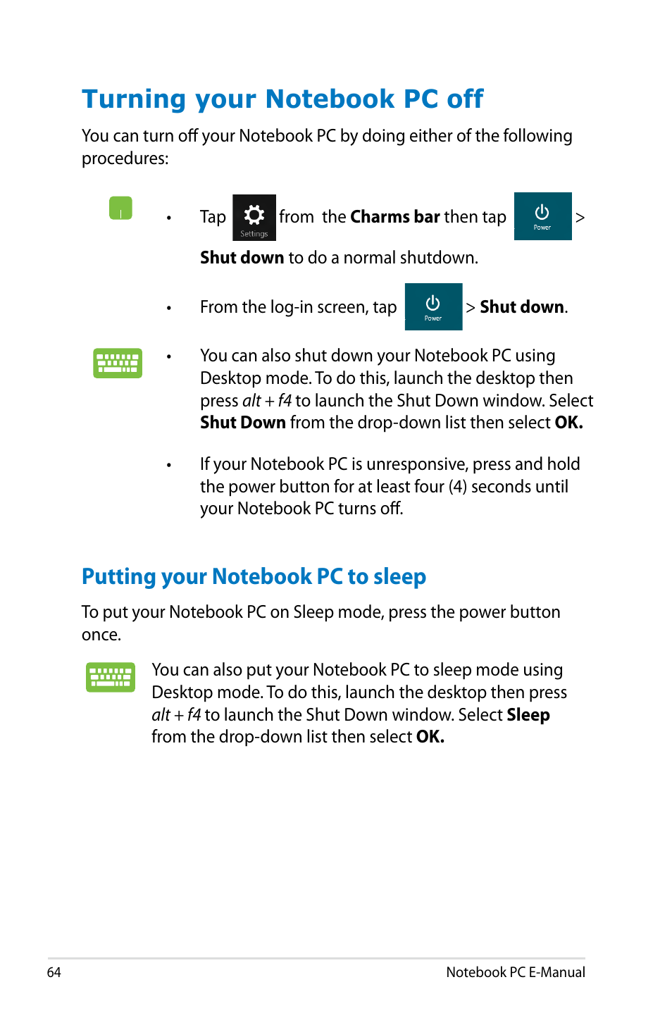 Turning your notebook pc off, Putting your notebook pc to sleep | Asus G750JX User Manual | Page 64 / 122