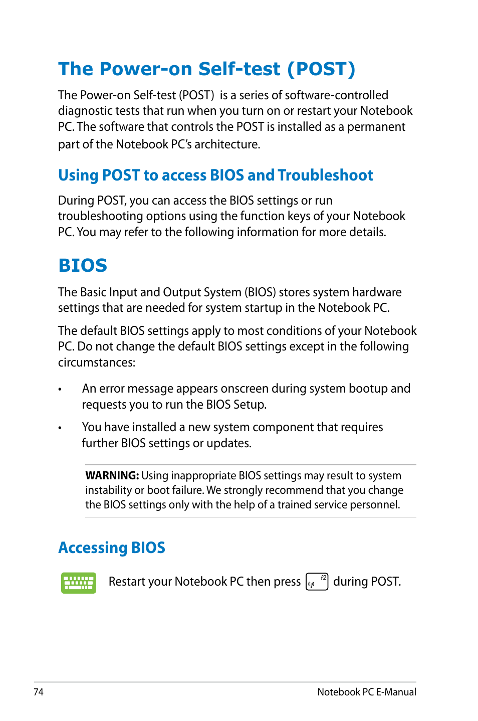 The power-on self-test (post), Using post to access bios and troubleshoot, Bios | Accessing bios | Asus G750JX User Manual | Page 74 / 122