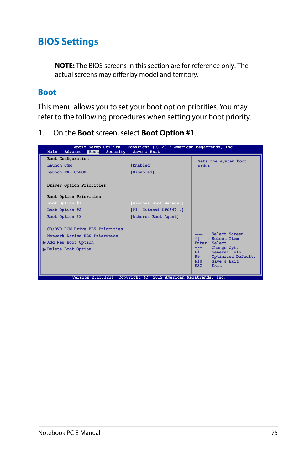 Bios settings, Boot | Asus G750JX User Manual | Page 75 / 122