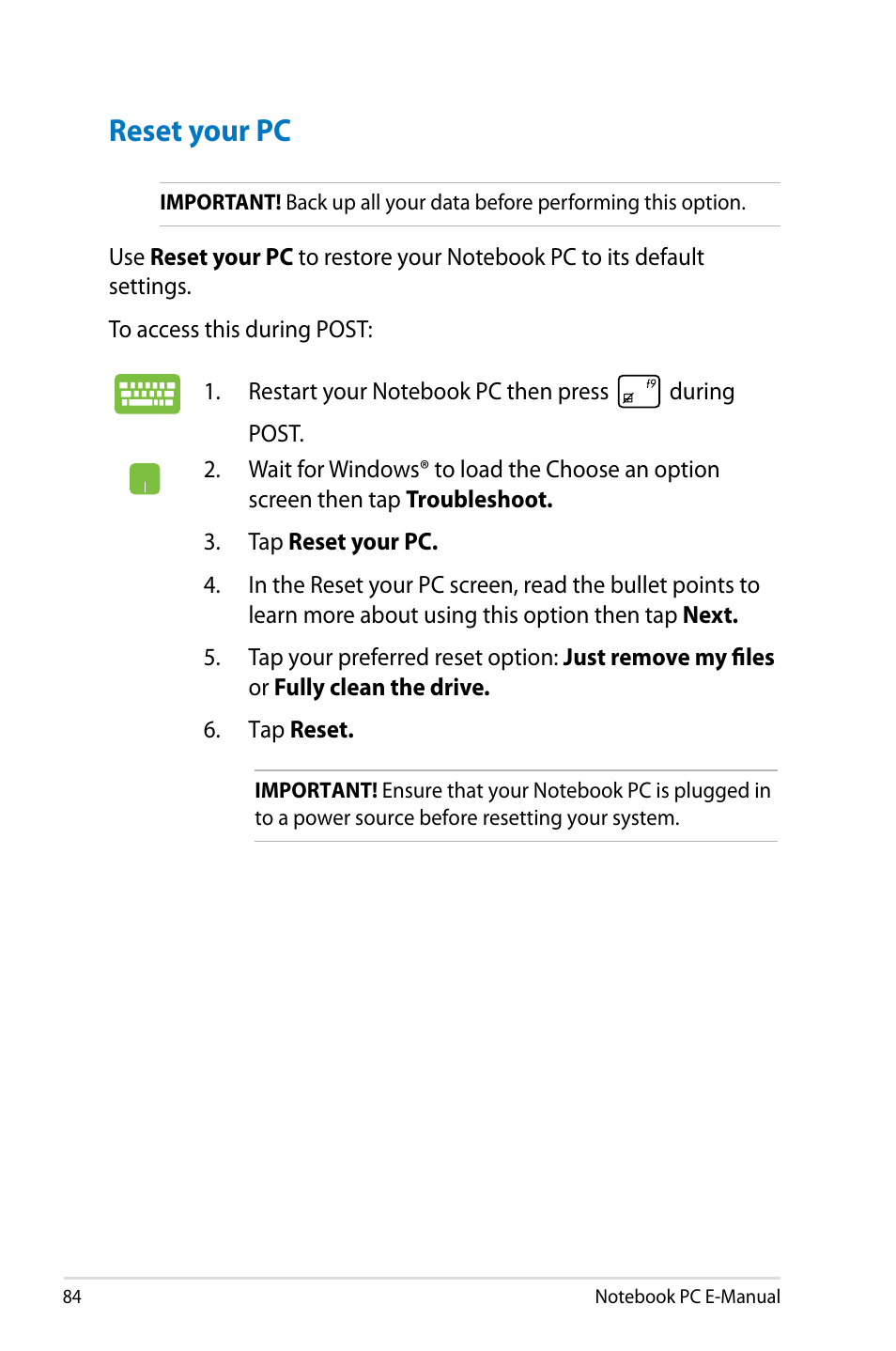 Reset your pc | Asus G750JX User Manual | Page 84 / 122