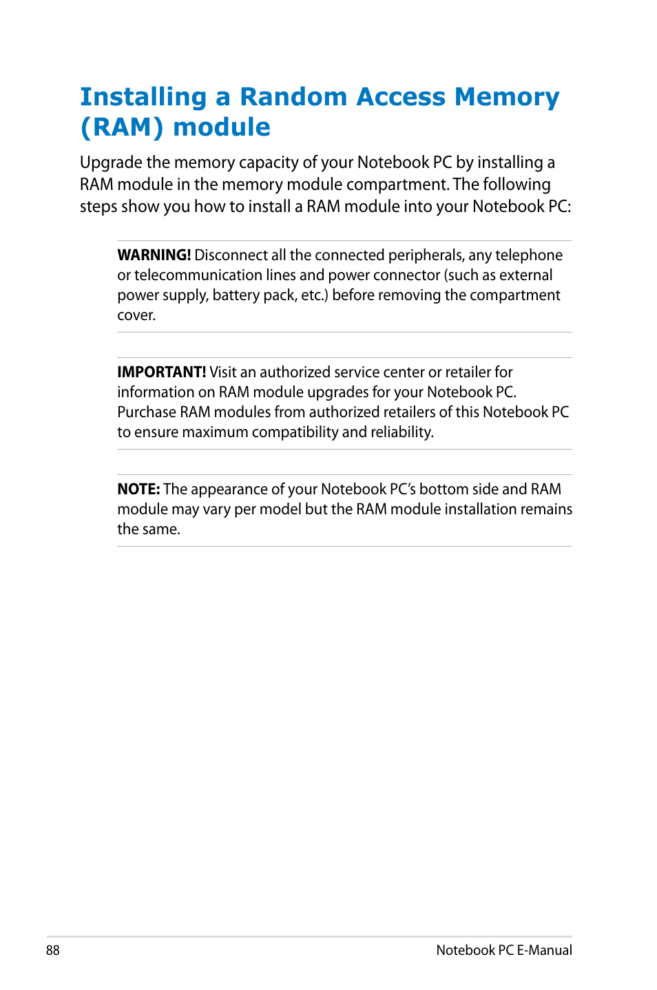 Installing a random access memory (ram) module | Asus G750JX User Manual | Page 88 / 122