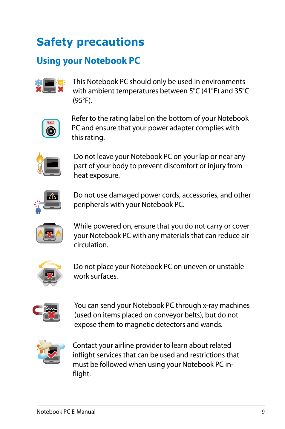 Safety precautions, Using your notebook pc | Asus G750JX User Manual | Page 9 / 122