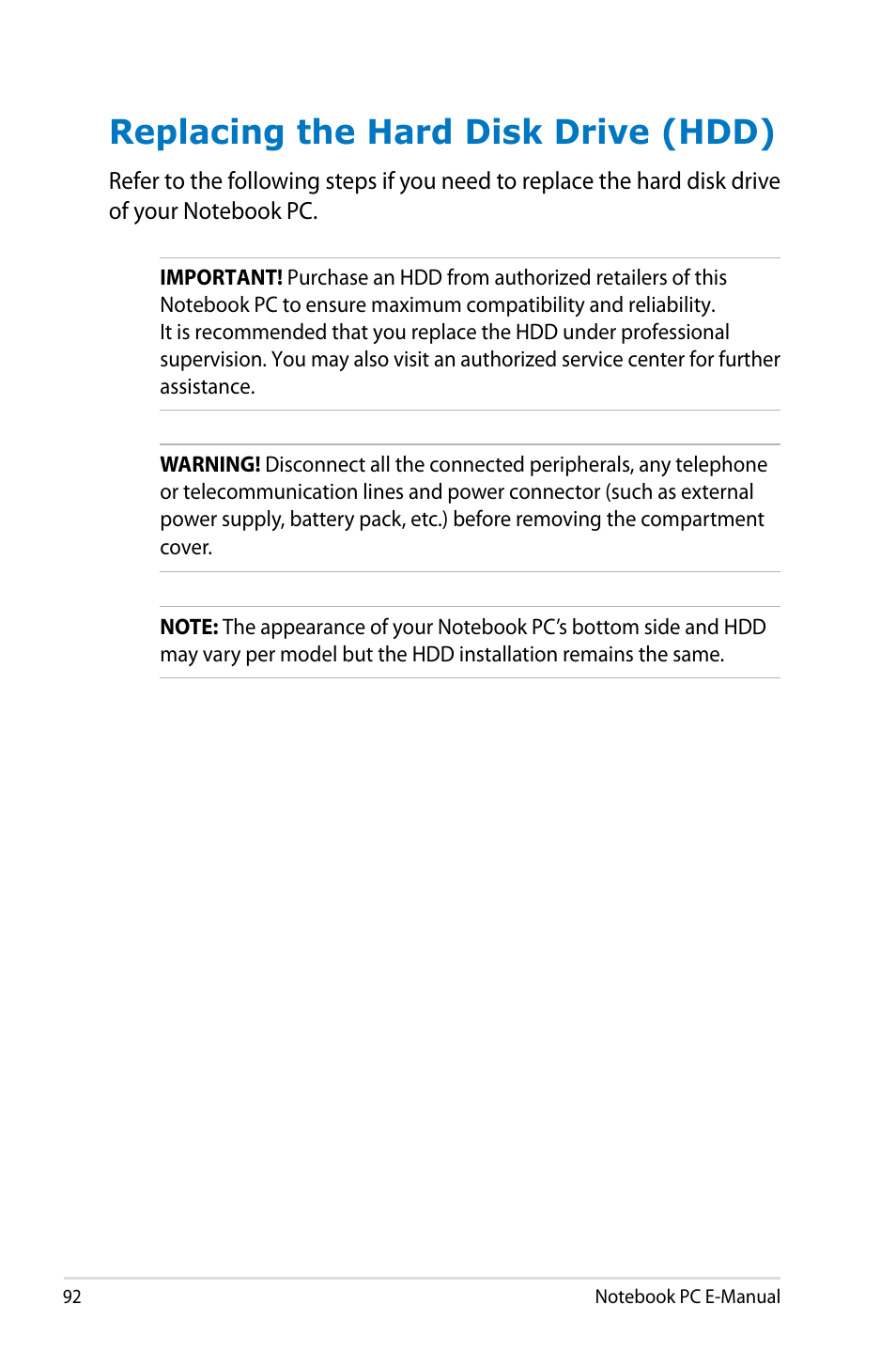 Replacing the hard disk drive (hdd) | Asus G750JX User Manual | Page 92 / 122