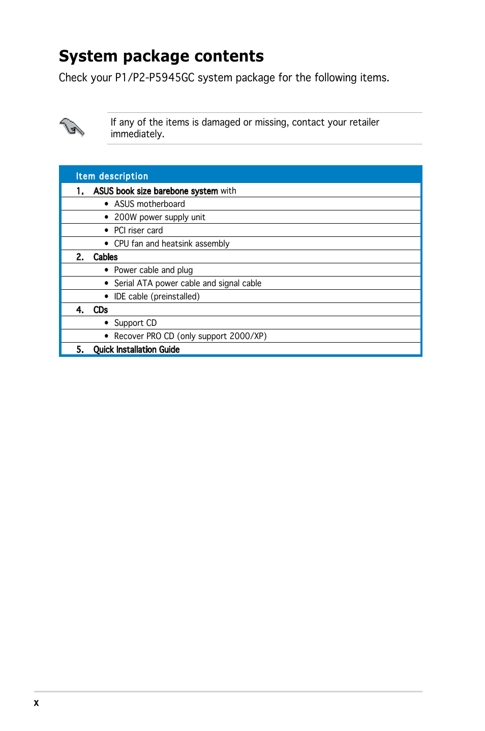 System package contents | Asus P2-P5945GC User Manual | Page 10 / 92