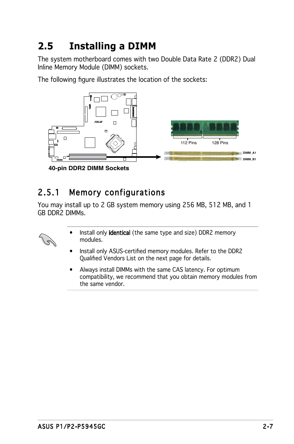 5 installing a dimm | Asus P2-P5945GC User Manual | Page 23 / 92