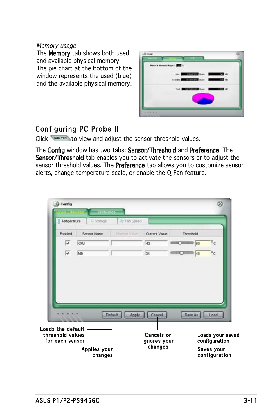 Configuring pc probe ii | Asus P2-P5945GC User Manual | Page 45 / 92