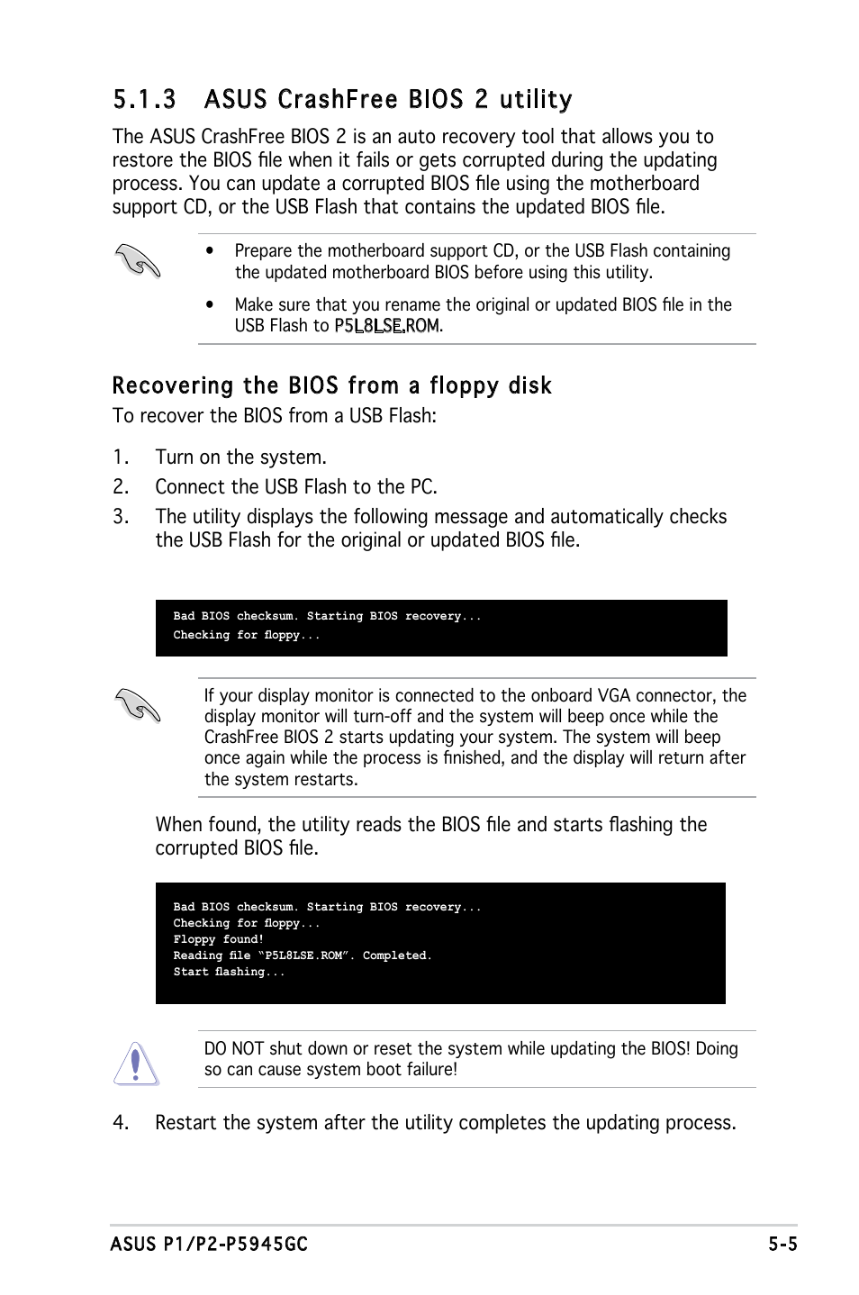 3 asus crashfree bios 2 utility, Recovering the bios from a floppy disk | Asus P2-P5945GC User Manual | Page 60 / 92