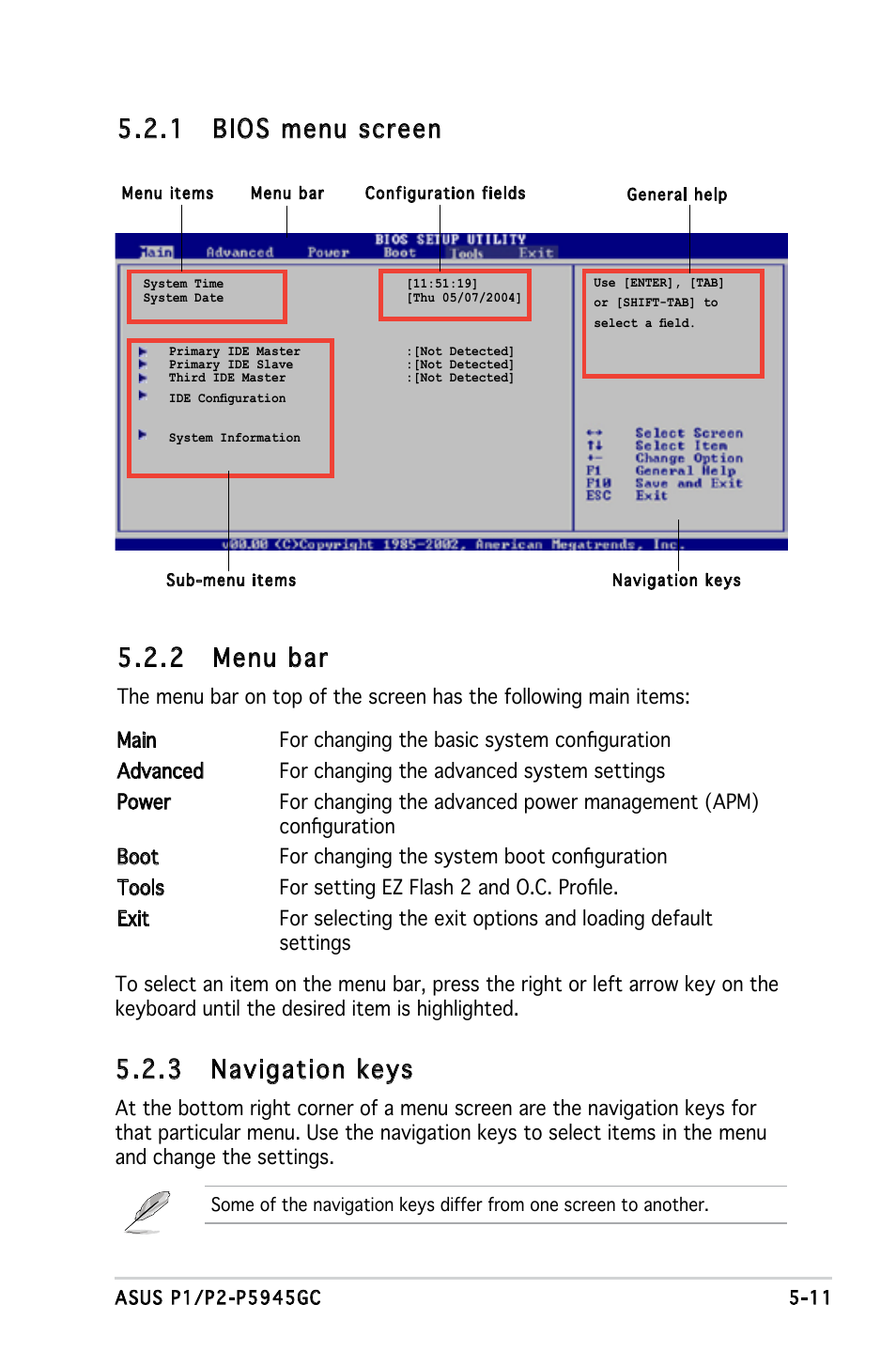 2 menu bar, 1 bios menu screen, 3 navigation keys | Asus P2-P5945GC User Manual | Page 66 / 92