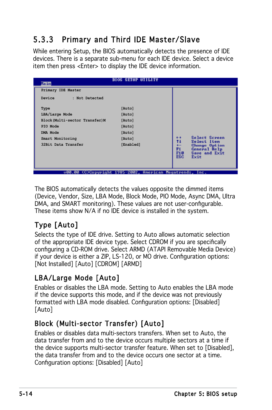 3 primary and third ide master/slave, Type [auto, Lba/large mode [auto | Block (multi-sector transfer) [auto | Asus P2-P5945GC User Manual | Page 69 / 92