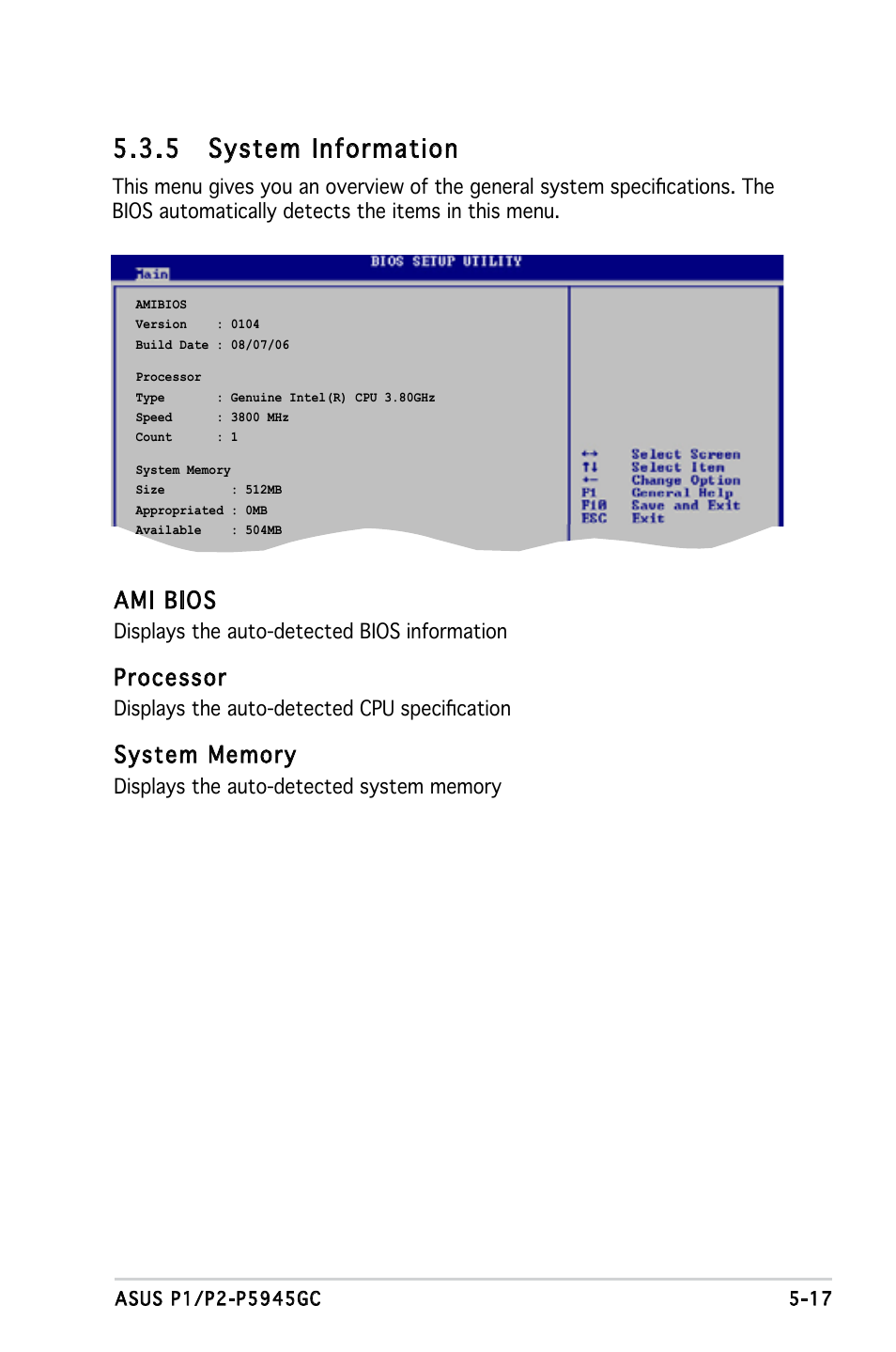 5 system information, Ami bios, Processor | Asus P2-P5945GC User Manual | Page 72 / 92