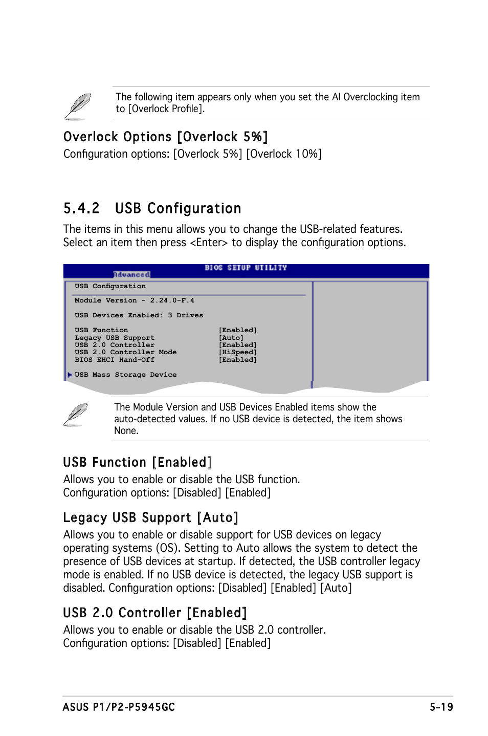 2 usb configuration, Overlock options [overlock 5, Usb function [enabled | Legacy usb support [auto, Usb 2.0 controller [enabled | Asus P2-P5945GC User Manual | Page 74 / 92