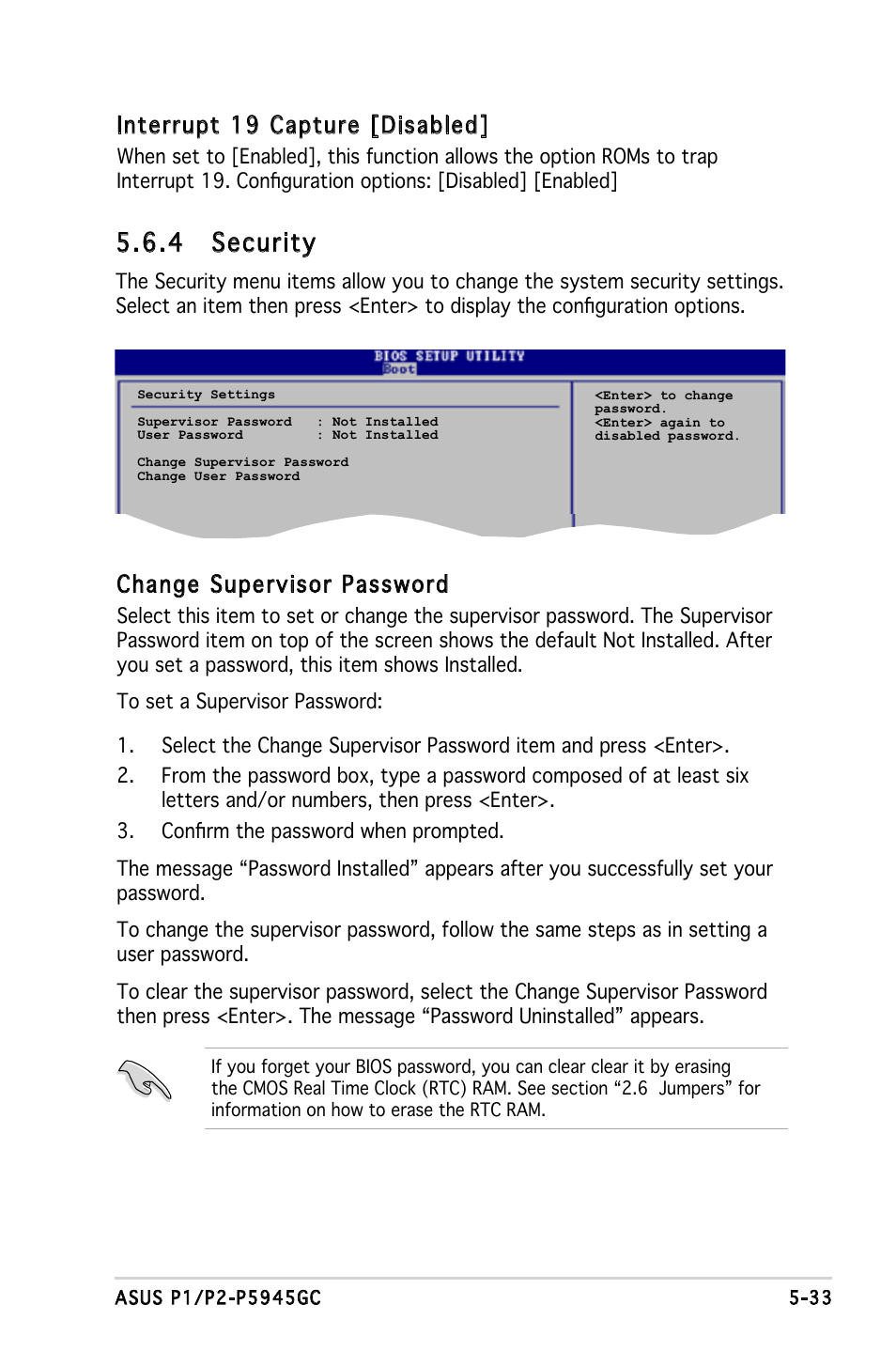 4 security, Interrupt 19 capture [disabled, Change supervisor password | Asus P2-P5945GC User Manual | Page 88 / 92