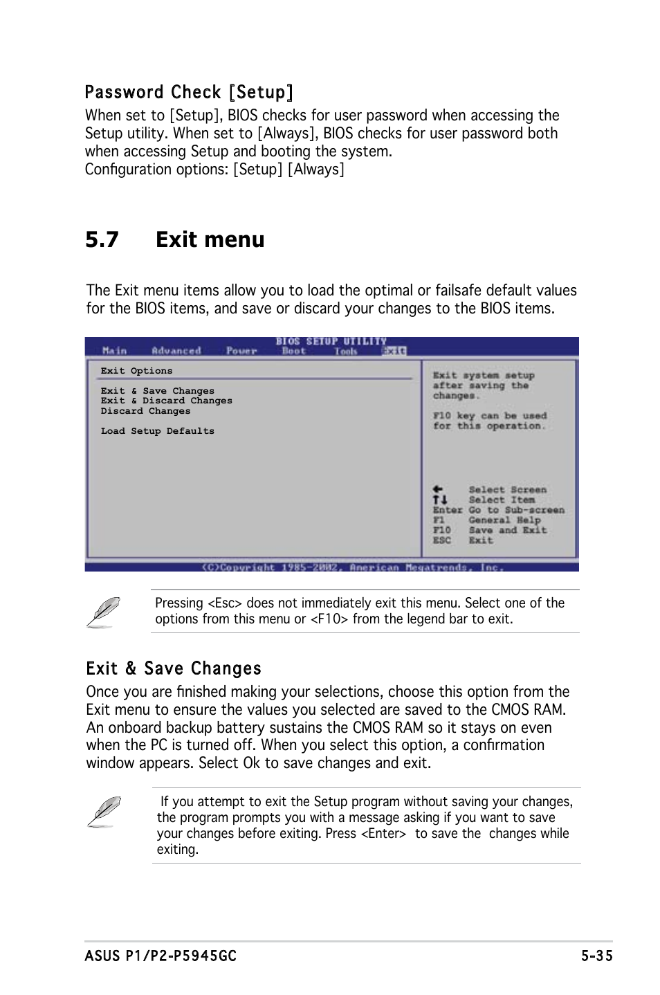 7 exit menu, Password check [setup, Exit & save changes | Asus P2-P5945GC User Manual | Page 90 / 92