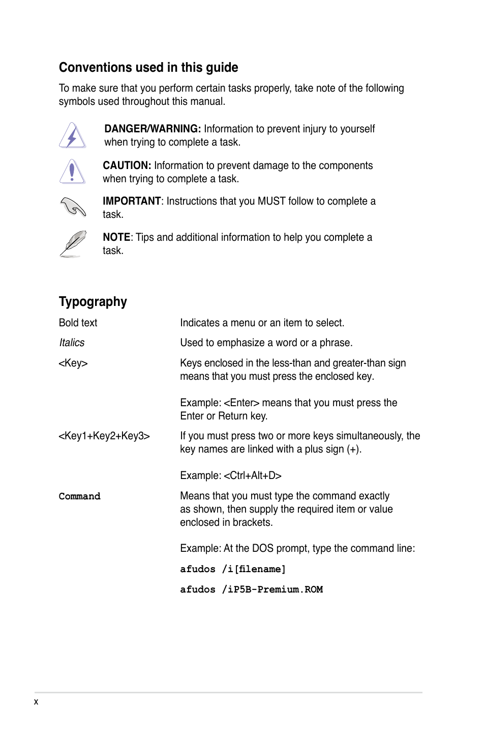 Conventions used in this guide, Typography | Asus P5B Premium Vista Edition User Manual | Page 10 / 190