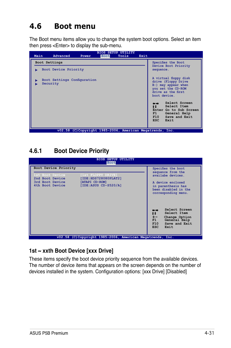 6 boot menu, 1 boot device priority, Boot menu -31 4.6.1 | Boot device priority -31, 1st ~ xxth boot device [xxx drive | Asus P5B Premium Vista Edition User Manual | Page 101 / 190