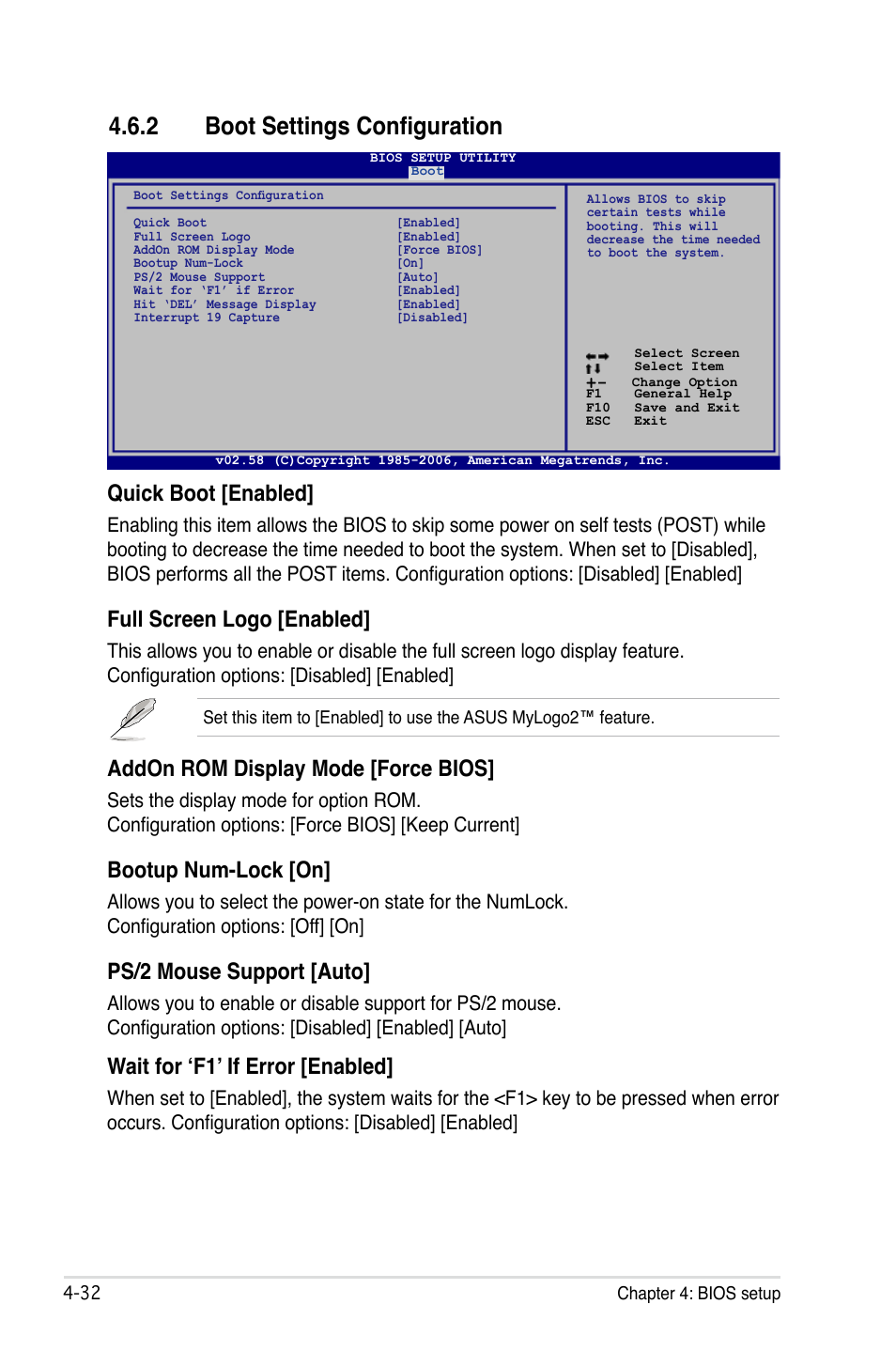 2 boot settings configuration, Boot settings configuration -32, Quick boot [enabled | Full screen logo [enabled, Addon rom display mode [force bios, Bootup num-lock [on, Ps/2 mouse support [auto, Wait for ‘f1’ if error [enabled | Asus P5B Premium Vista Edition User Manual | Page 102 / 190