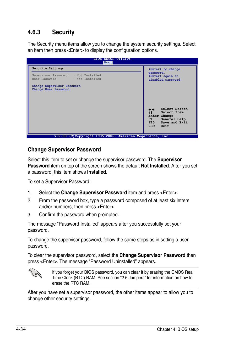 3 security, Security -34, Change supervisor password | Asus P5B Premium Vista Edition User Manual | Page 104 / 190