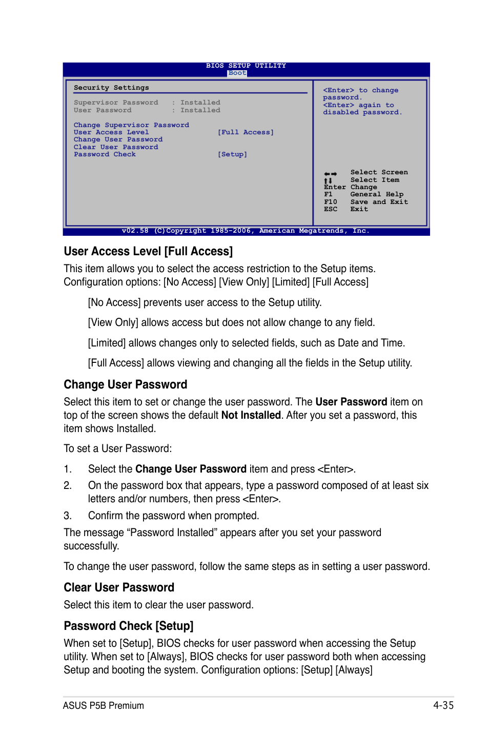 User access level [full access, Change user password, Clear user password | Password check [setup, Select this item to clear the user password | Asus P5B Premium Vista Edition User Manual | Page 105 / 190