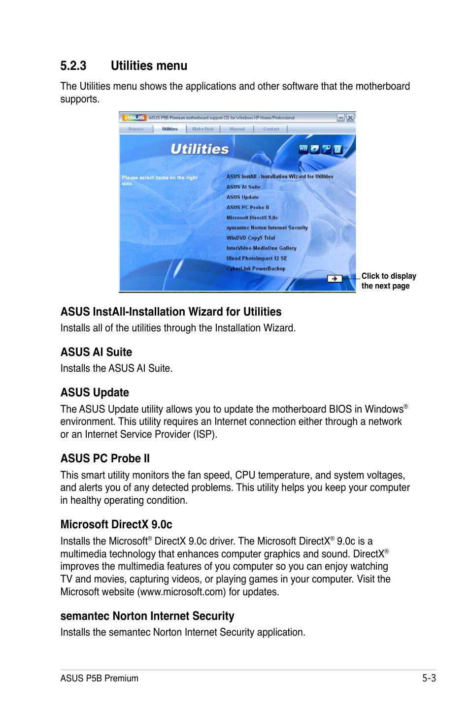 3 utilities menu, Utilities menu -3, Asus install-installation wizard for utilities | Asus ai suite, Asus update, Asus pc probe ii, Microsoft directx 9.0c, Semantec norton internet security | Asus P5B Premium Vista Edition User Manual | Page 113 / 190