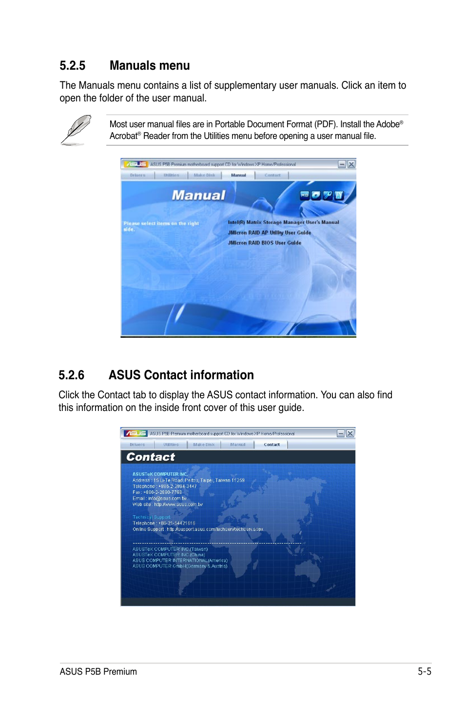 5 manuals menu, 6 asus contact information, Manuals menu -5 | Asus contact information -5 | Asus P5B Premium Vista Edition User Manual | Page 115 / 190