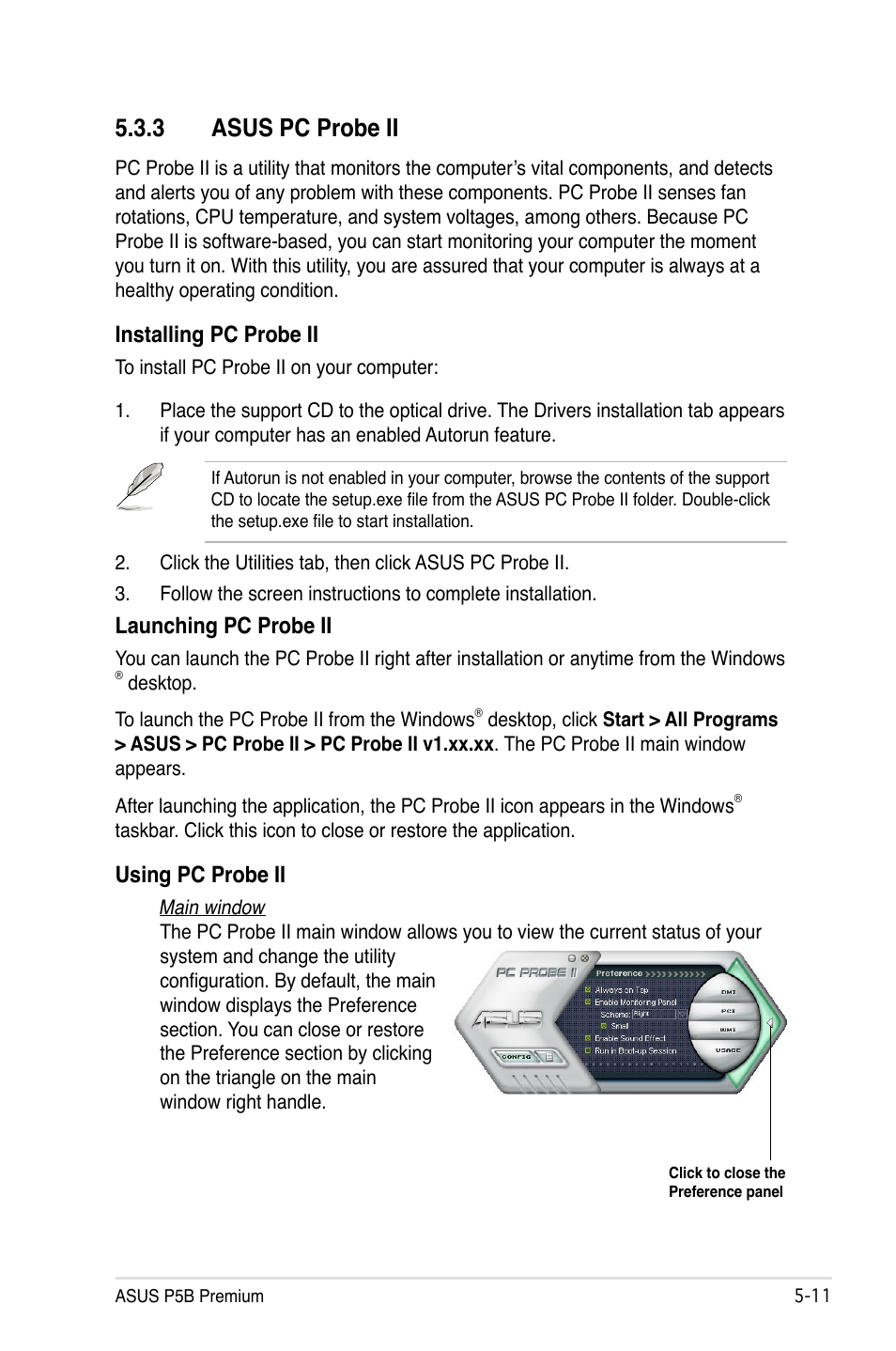 3 asus pc probe ii, Asus pc probe ii -11, Installing pc probe ii | Launching pc probe ii, Using pc probe ii | Asus P5B Premium Vista Edition User Manual | Page 121 / 190