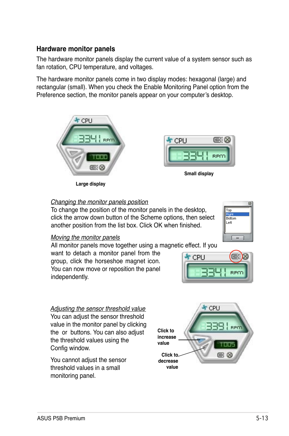 Hardware monitor panels | Asus P5B Premium Vista Edition User Manual | Page 123 / 190