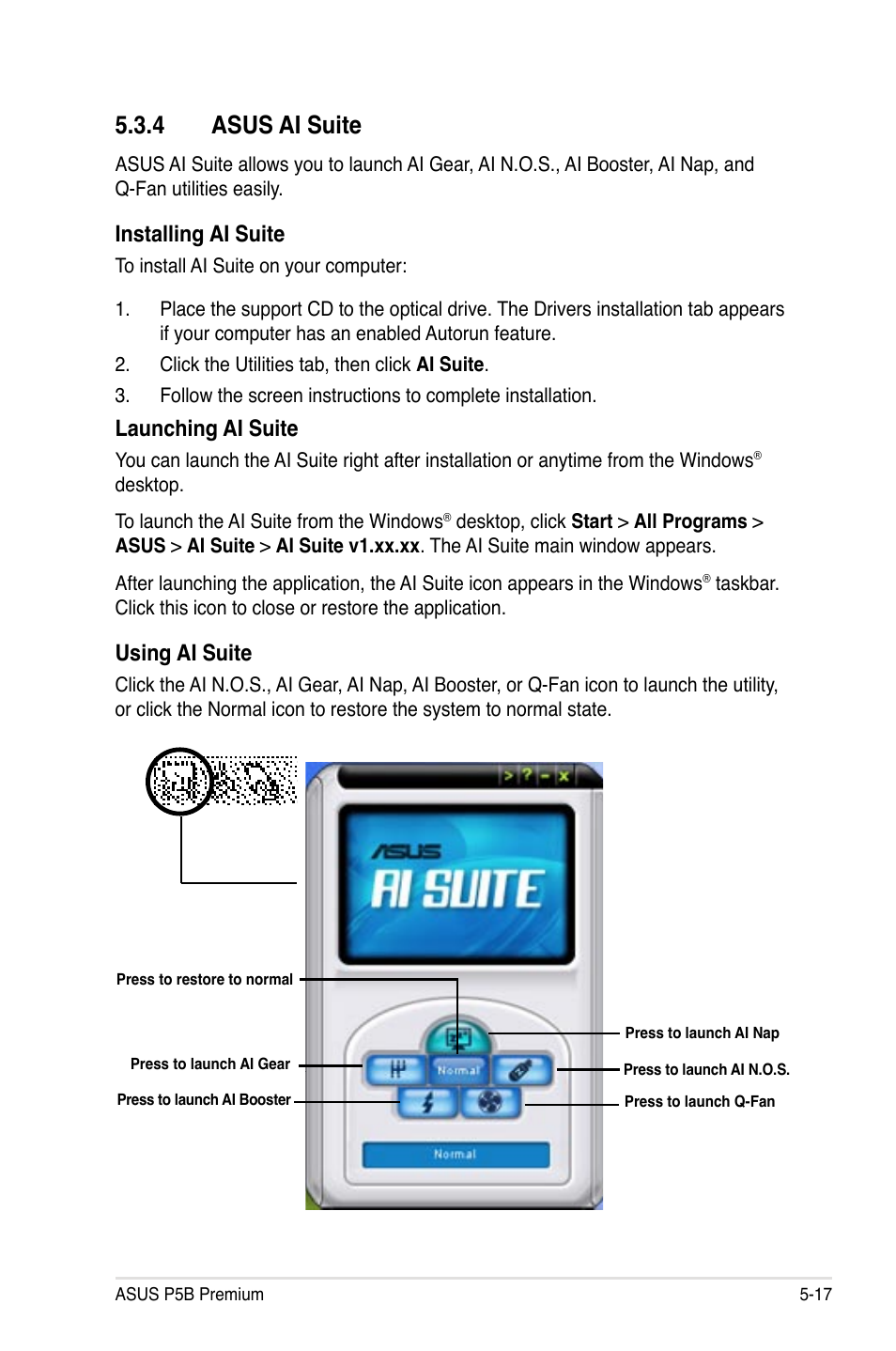 4 asus ai suite, 4 asus ai suite -17, Installing ai suite | Launching ai suite, Using ai suite | Asus P5B Premium Vista Edition User Manual | Page 127 / 190