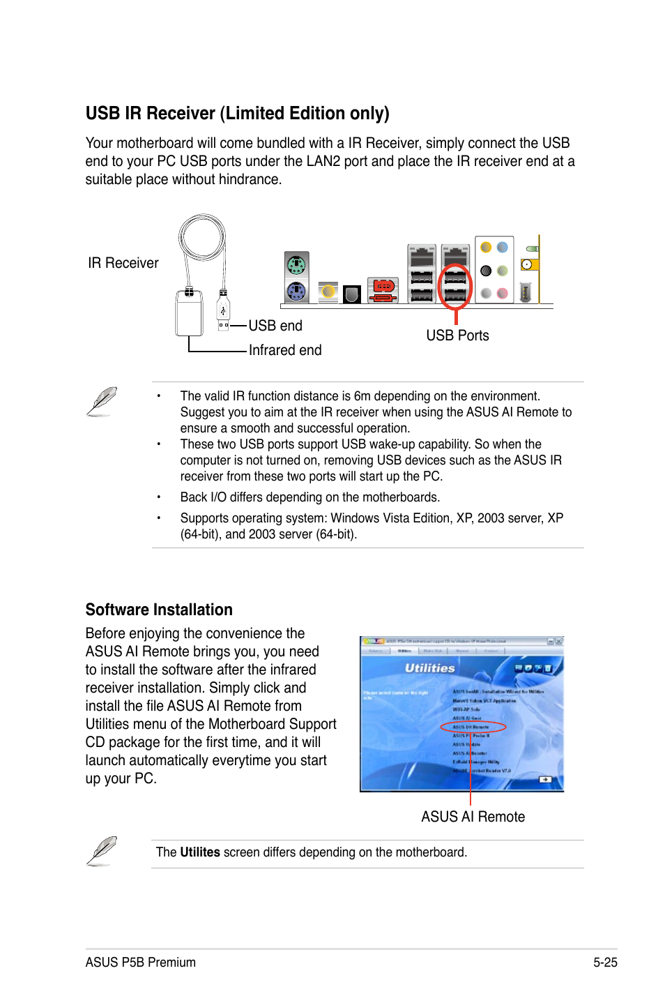 Usb ir receiver (limited edition only), Software installation | Asus P5B Premium Vista Edition User Manual | Page 135 / 190