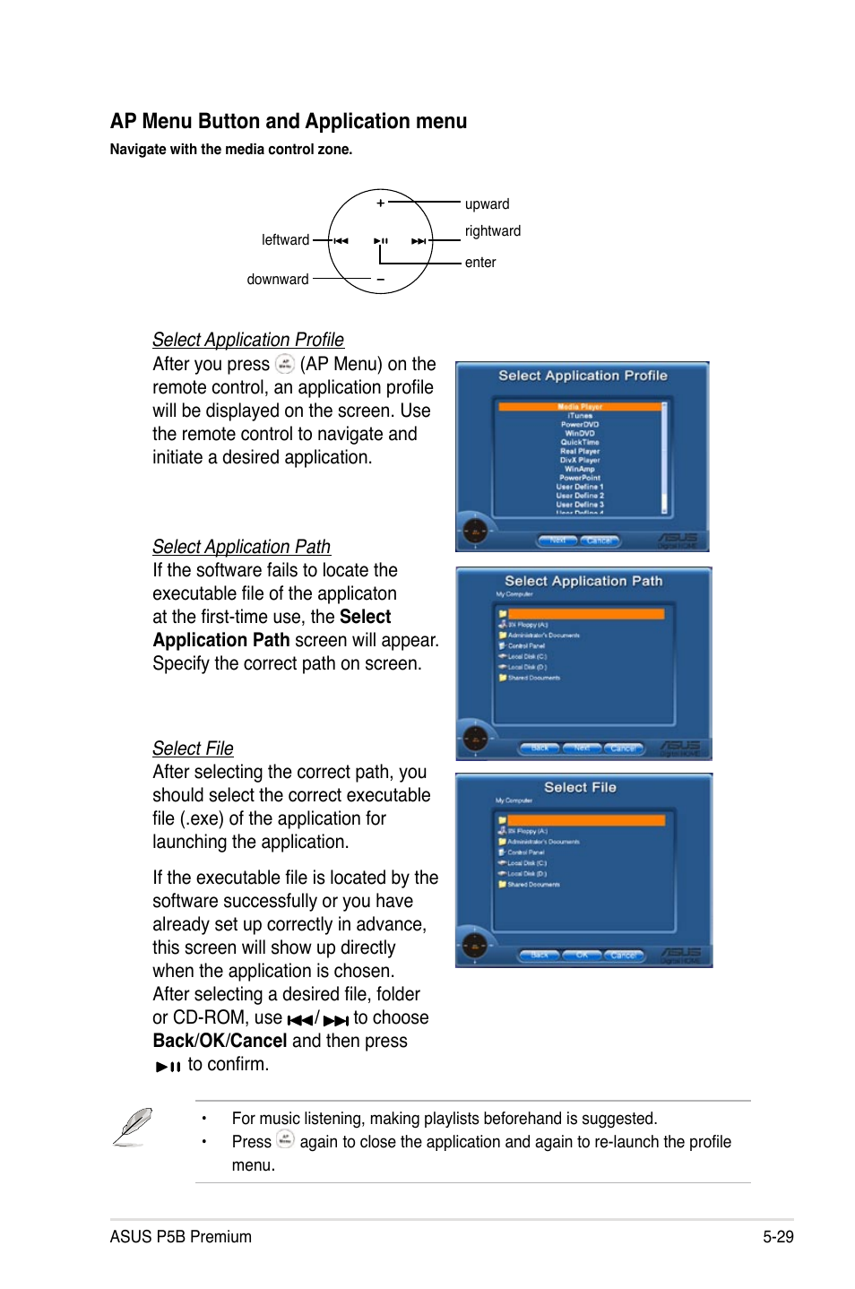 Ap menu button and application menu | Asus P5B Premium Vista Edition User Manual | Page 139 / 190