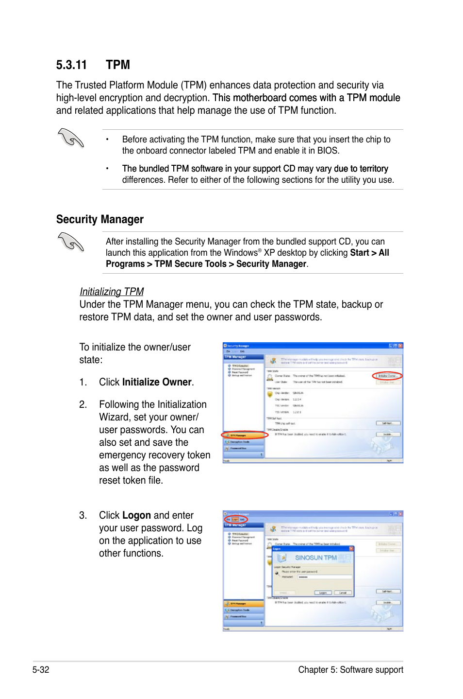 11 tpm, 11 tpm -32, Security manager | Asus P5B Premium Vista Edition User Manual | Page 142 / 190